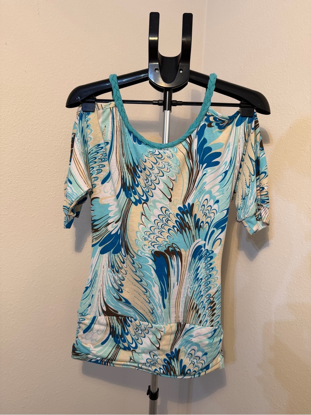 Women’s Turquoise Blue Swirl Cold-Shoulder Top
